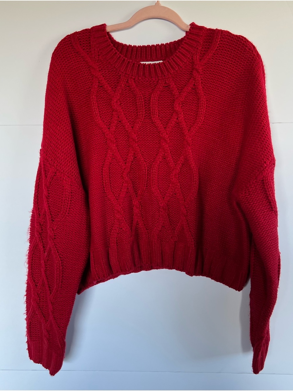 Lush Red Cable-Knit Crewneck Sweater